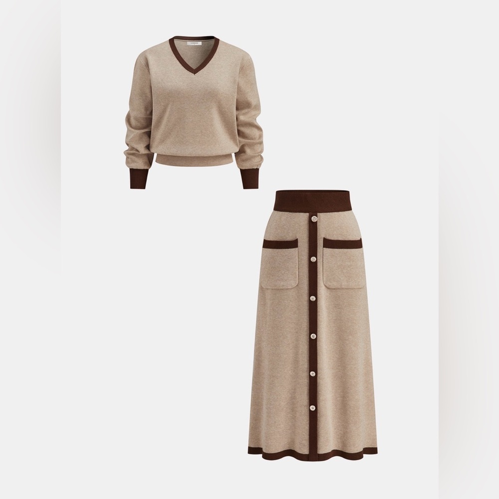 Commense Knit Tan and Brown Women's Skirt and sweater set